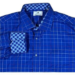 Southern Pines Plaid Button Down Shirt Blue Beige Flip Cuff Long Sleeve Mens XXL